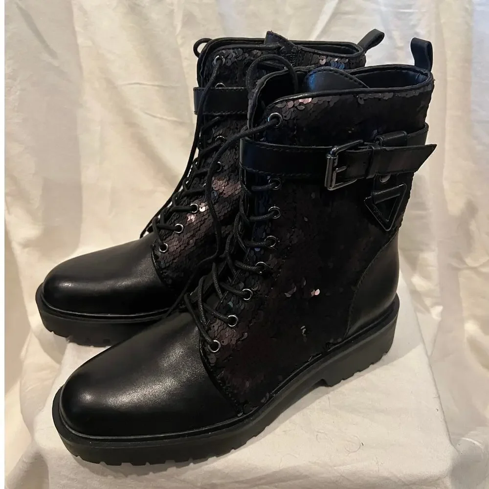 NEW Guess Leather Allover Sequins Ankle Fashion Moto Boots Black Women's 40/9.5